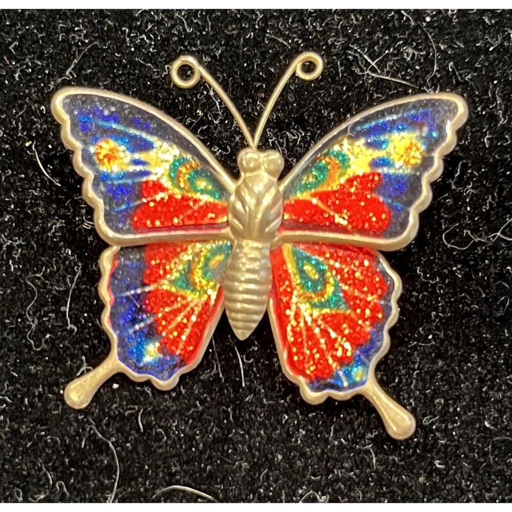 Vintage 1 1/2” Rainbow Glitter Monarch Butterfly Enamel Gold Tone Pin Brooch
